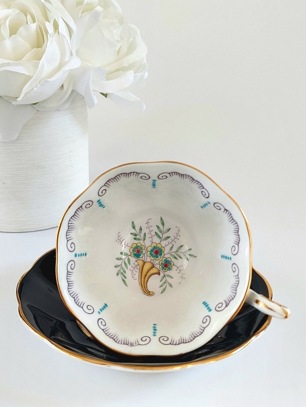 Vintage Royal Albert Cornucopia Black Teacup Saucer Art Deco Bone China England